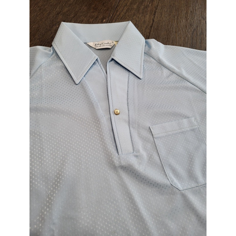 New 1970s Lilly Dache Men's Polo Vintage MED Ba BlueShirt Baby Blue USA Clean